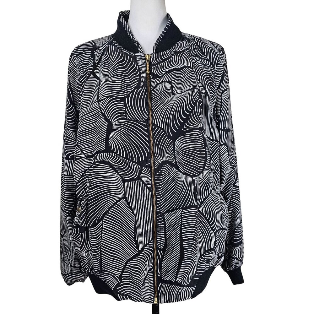 Le Coq Sportif Full‎ Zip Silk Bomber Jacket L Black White Abstract Print Luxury